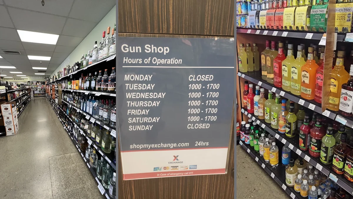 Retail displays arranged under bright store lighting.