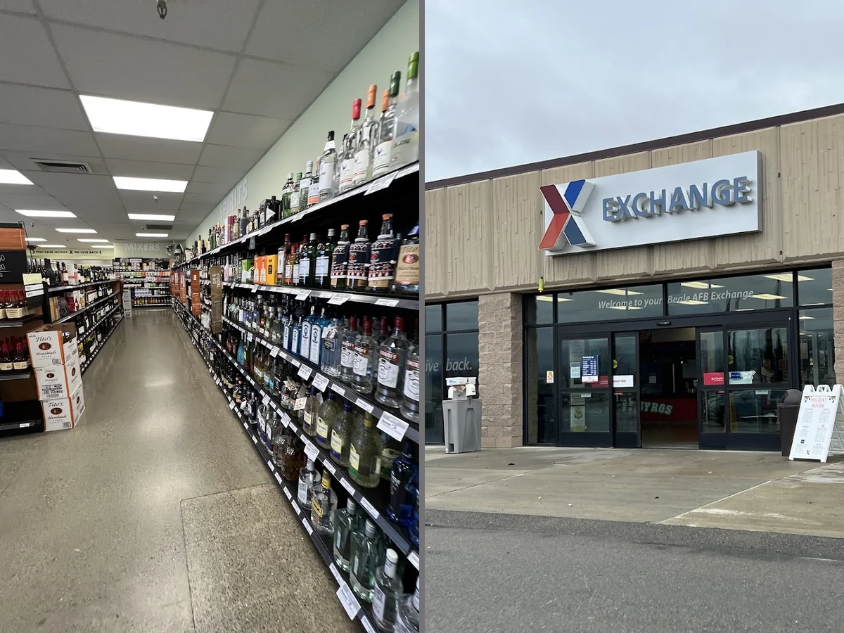 Retail displays arranged under bright store lighting.