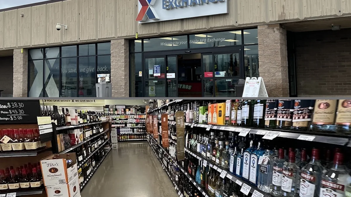 Shopping carts beside stocked product racks.